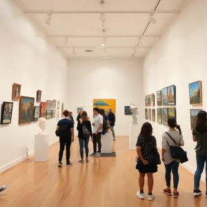 Students admiring artworks at the Saddleback College art exhibit, 'Bloom'.