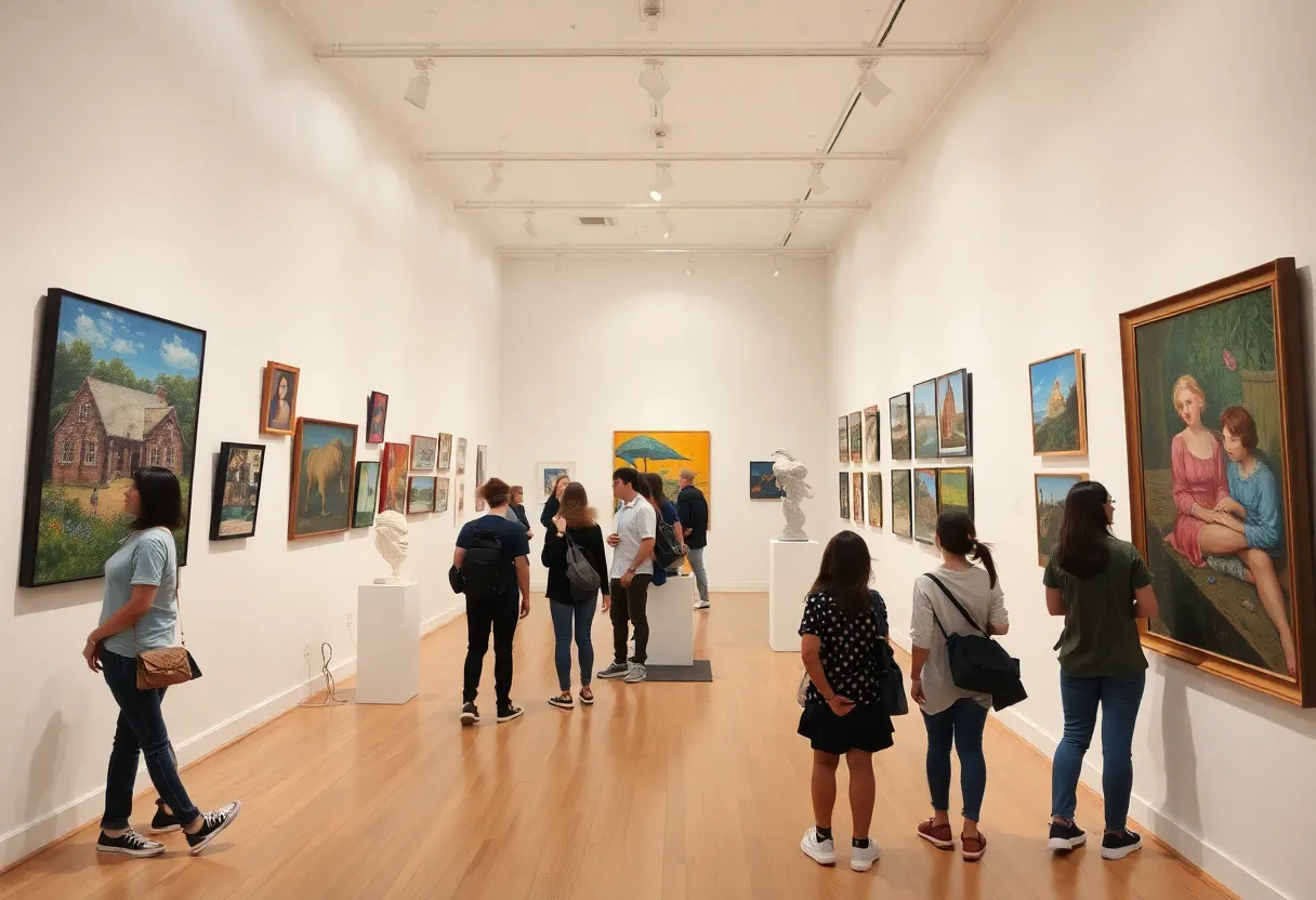 Students admiring artworks at the Saddleback College art exhibit, 'Bloom'.