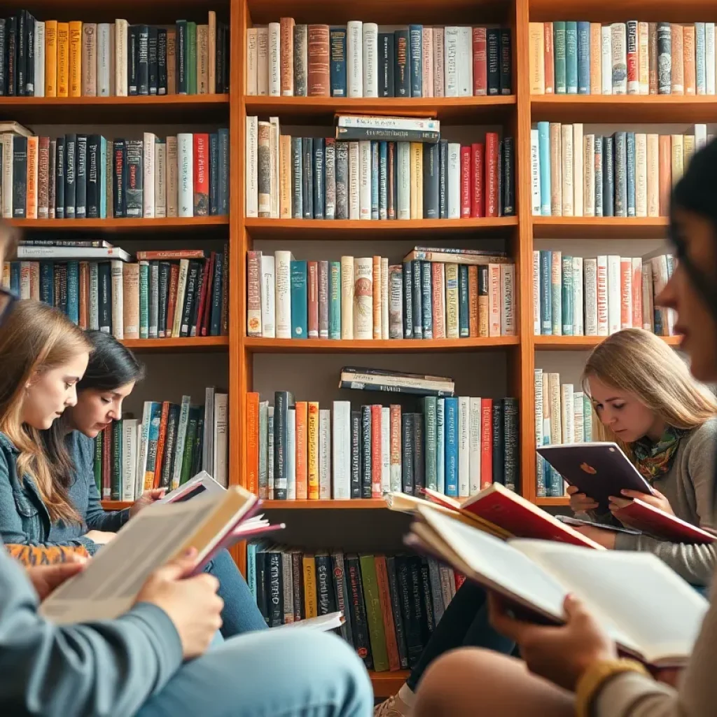 A diverse collection of books arranged on a shelf in a college library.