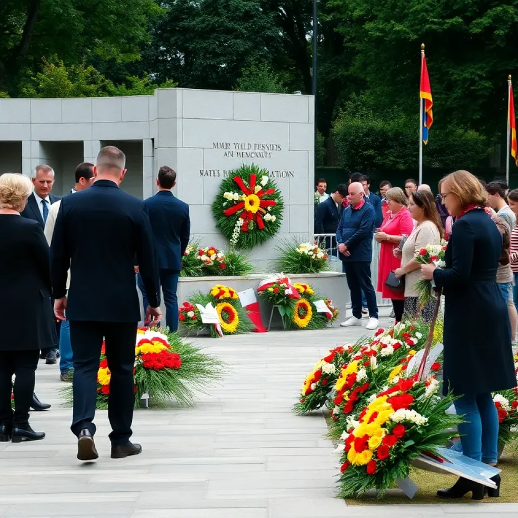 Memorial ceremony honoring the fall of Saigon with floral wreaths
