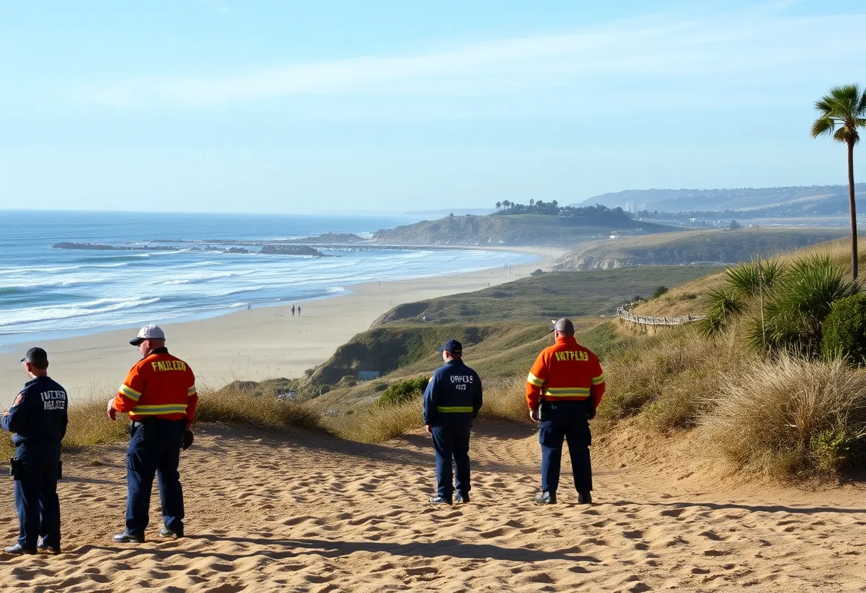 Emergency responders at Torrey Pines State Beach after a boat capsizing incident.