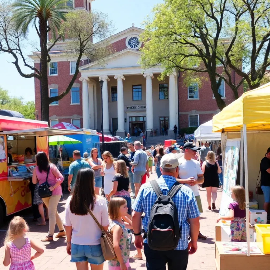Families enjoying the Santa Ana Spring event with music and food trucks