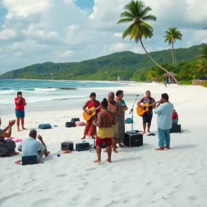 Group of people enjoying music and cultural interactions on a beach
