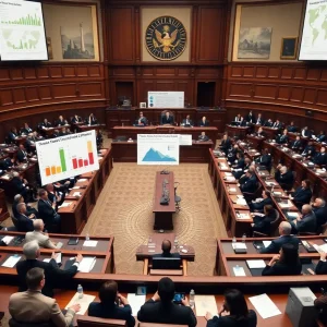 Senators discussing vehicle emissions legislation in the Senate chamber