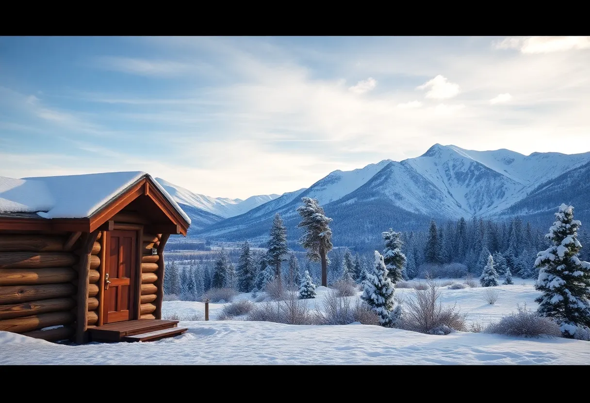 Winter landscape in Sierra Nevada with snow and a cabin.