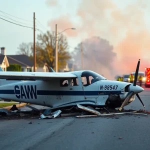 Scene of a small plane crash in a residential area