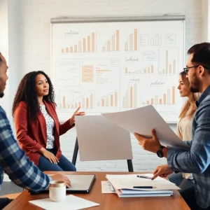 Small business owners in a meeting discussing optimism and challenges.