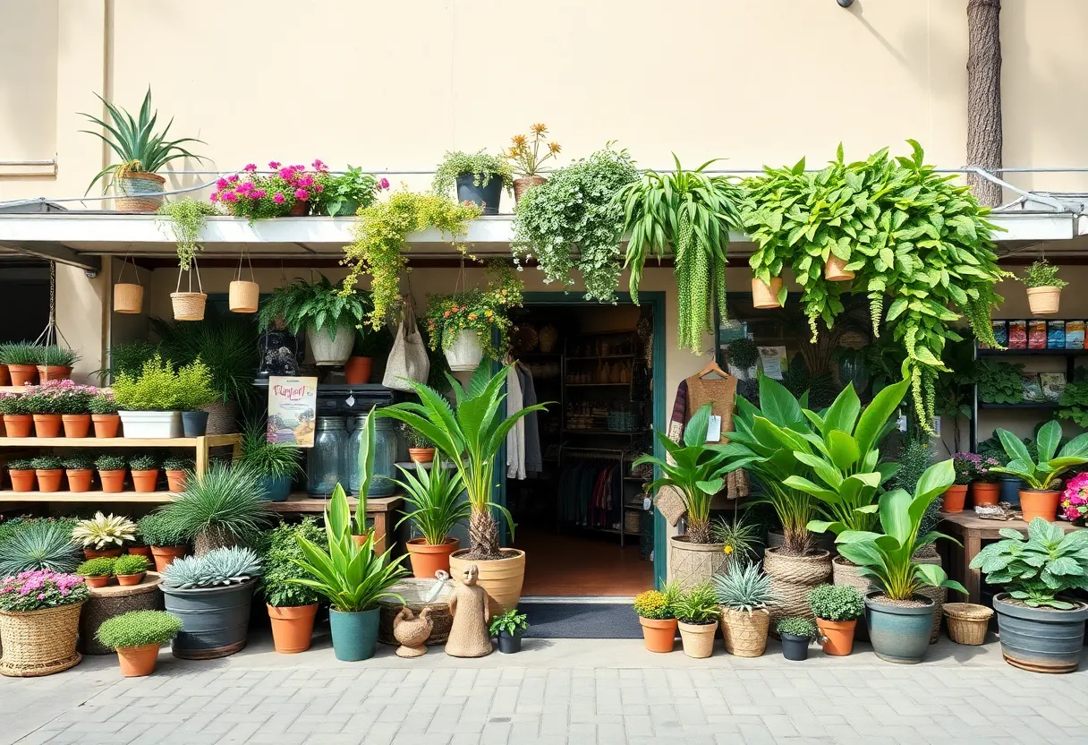 A storefront in Southern California displaying plants and gardening products amidst economic changes.