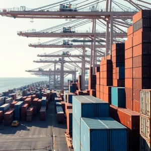 Container ships and stacked cargo containers at a southern California port