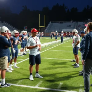 Dramatic scene of a college football recruiting visit with players and coaches