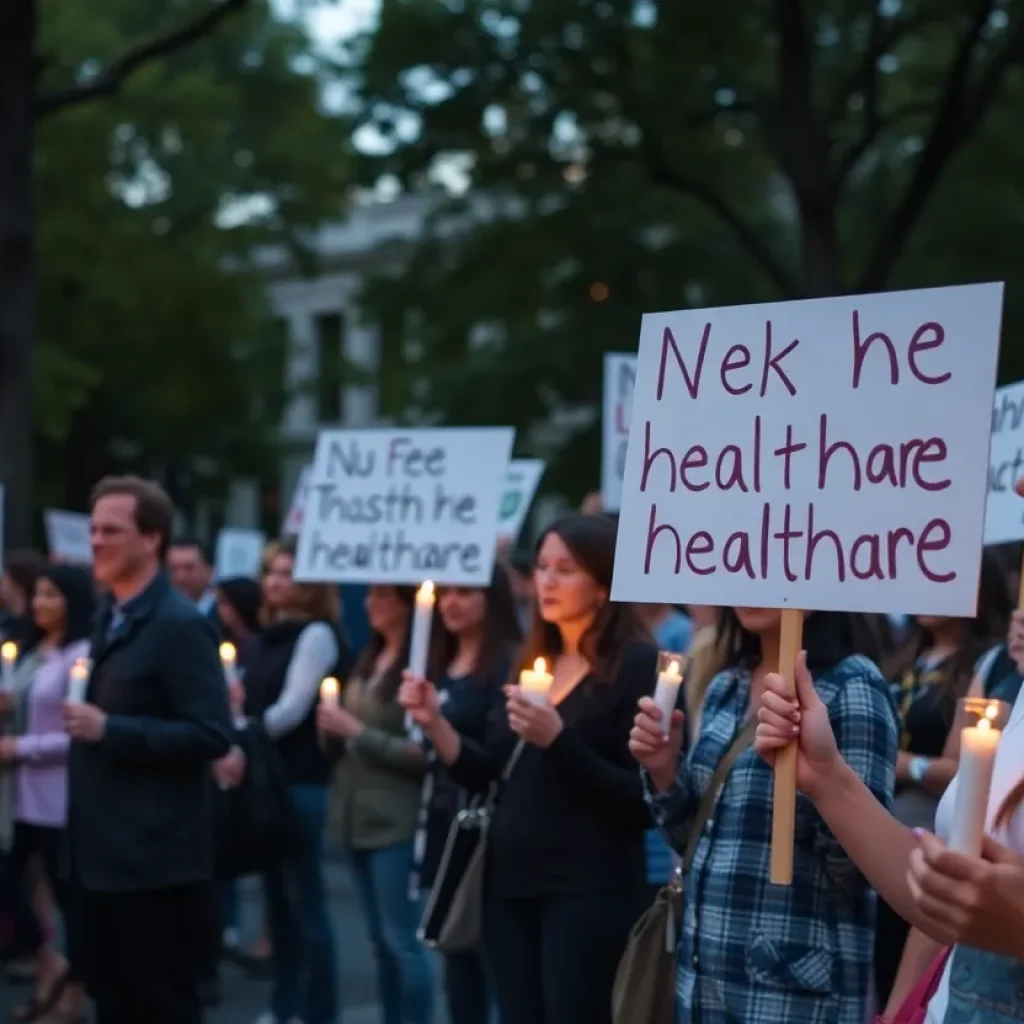 Community vigil for Medicaid support with people holding signs
