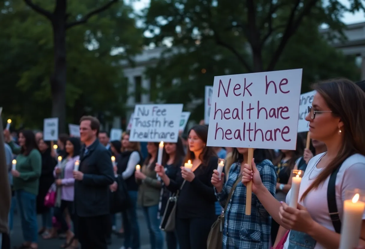 Community vigil for Medicaid support with people holding signs
