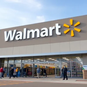 Modern Walmart store with shoppers and construction site
