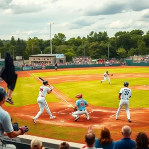 Warriors baseball team celebrating a win in the playoffs.