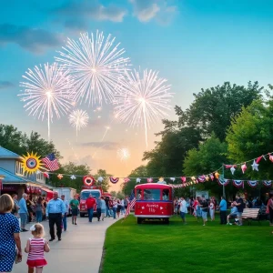 Fireworks display over a park during Independence Day celebration