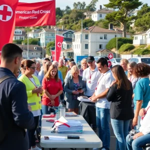 A group of volunteers organizing a blood donation drive in a coastal town.