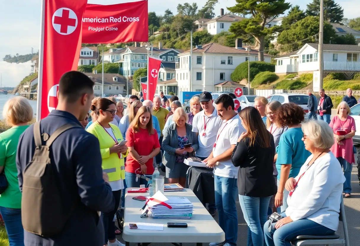 A group of volunteers organizing a blood donation drive in a coastal town.