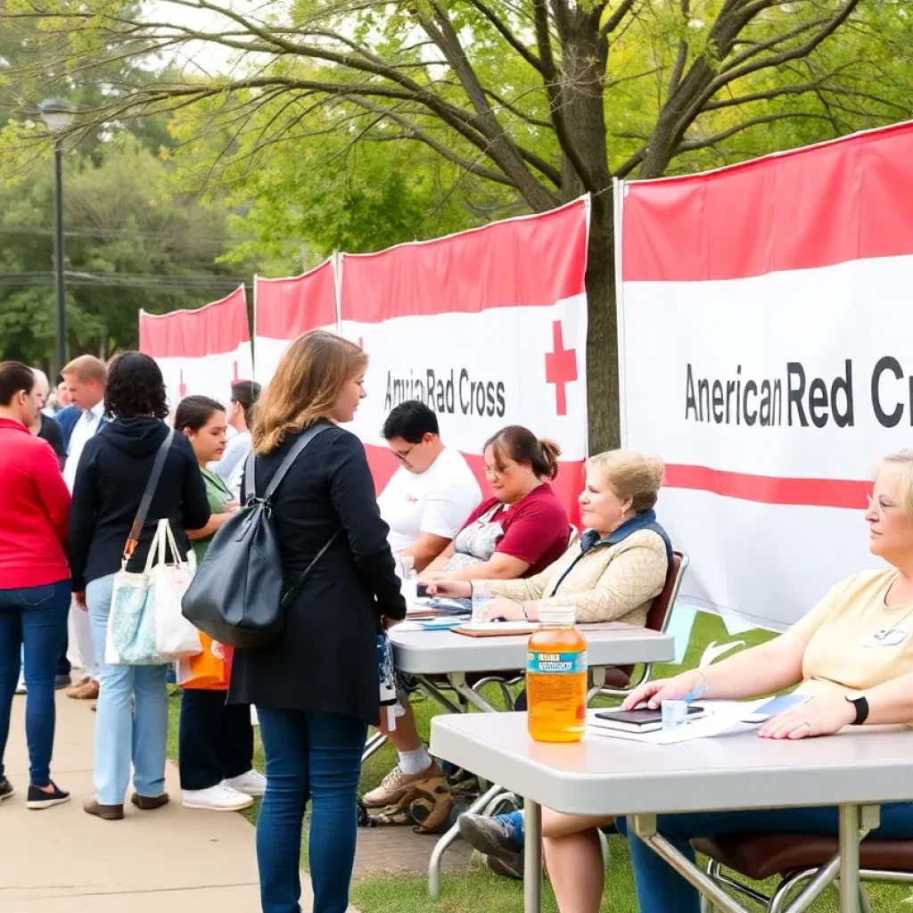 People participating in a blood drive event organized by the American Red Cross.