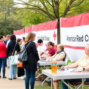 People participating in a blood drive event organized by the American Red Cross.