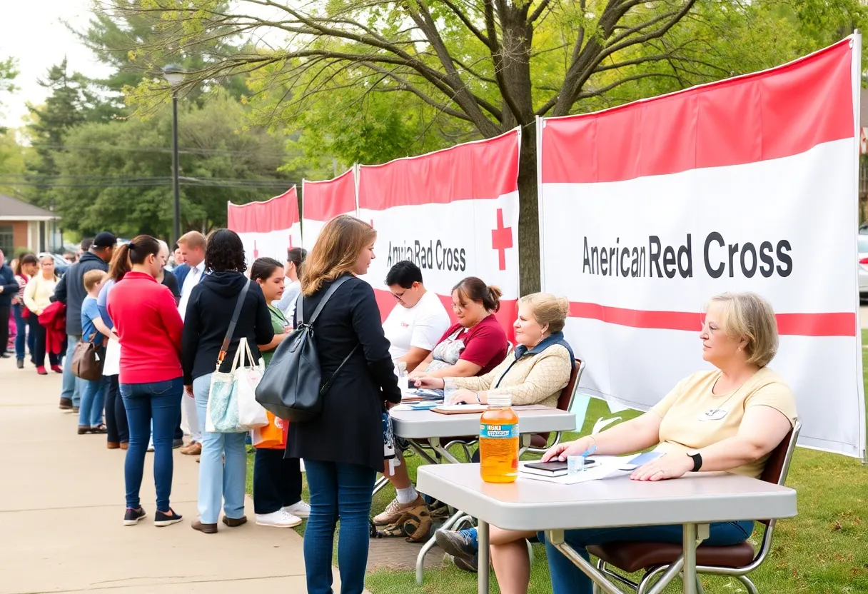People participating in a blood drive event organized by the American Red Cross.