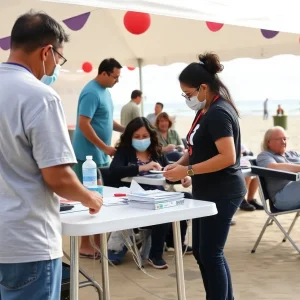 Volunteers and donors at a blood donation drive at South Orange County beach.