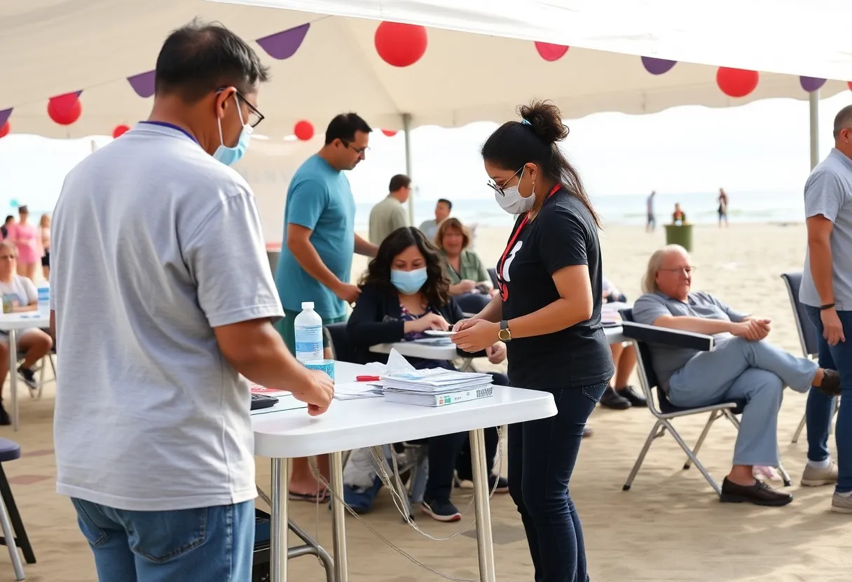 Volunteers and donors at a blood donation drive at South Orange County beach.