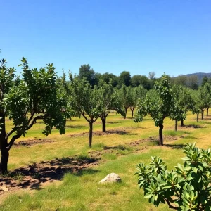A California avocado orchard with healthy trees and some wildfire damage.