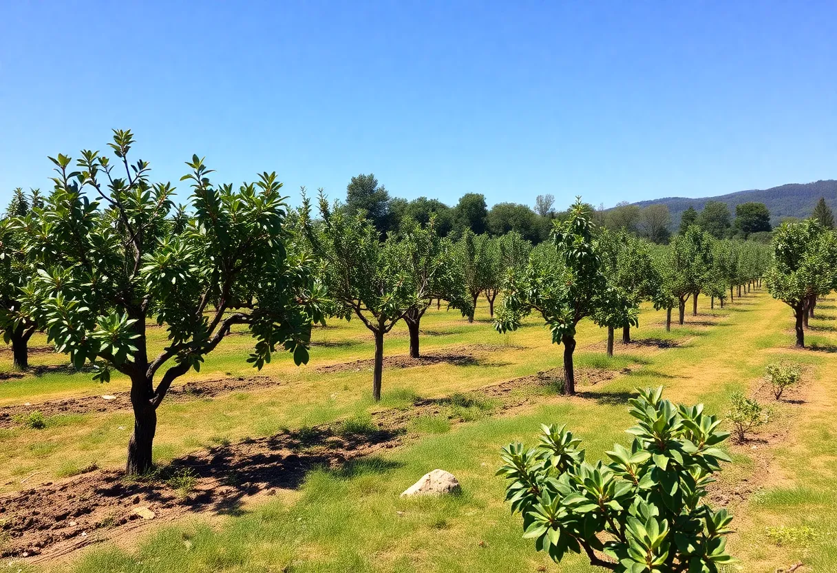 A California avocado orchard with healthy trees and some wildfire damage.