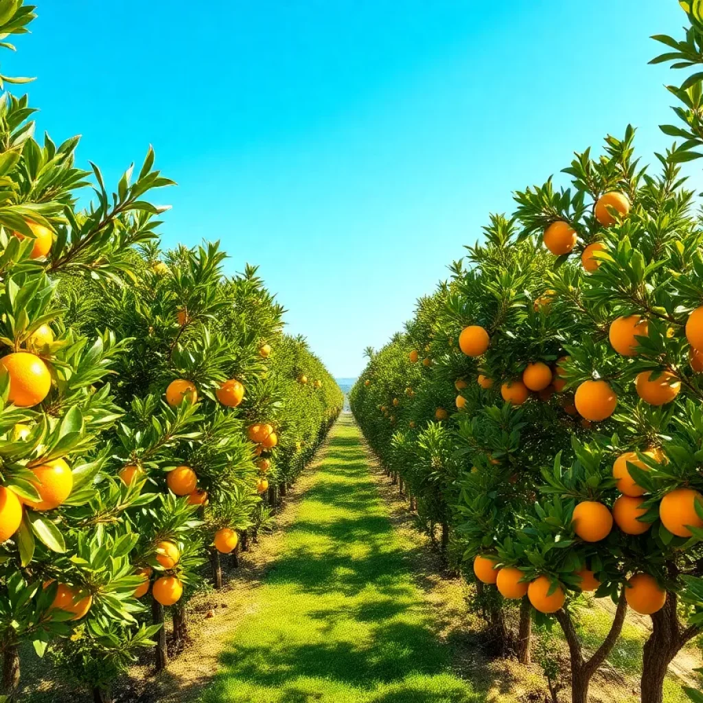 Citrus grove with healthy and diseased trees in California