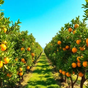 Citrus grove with healthy and diseased trees in California