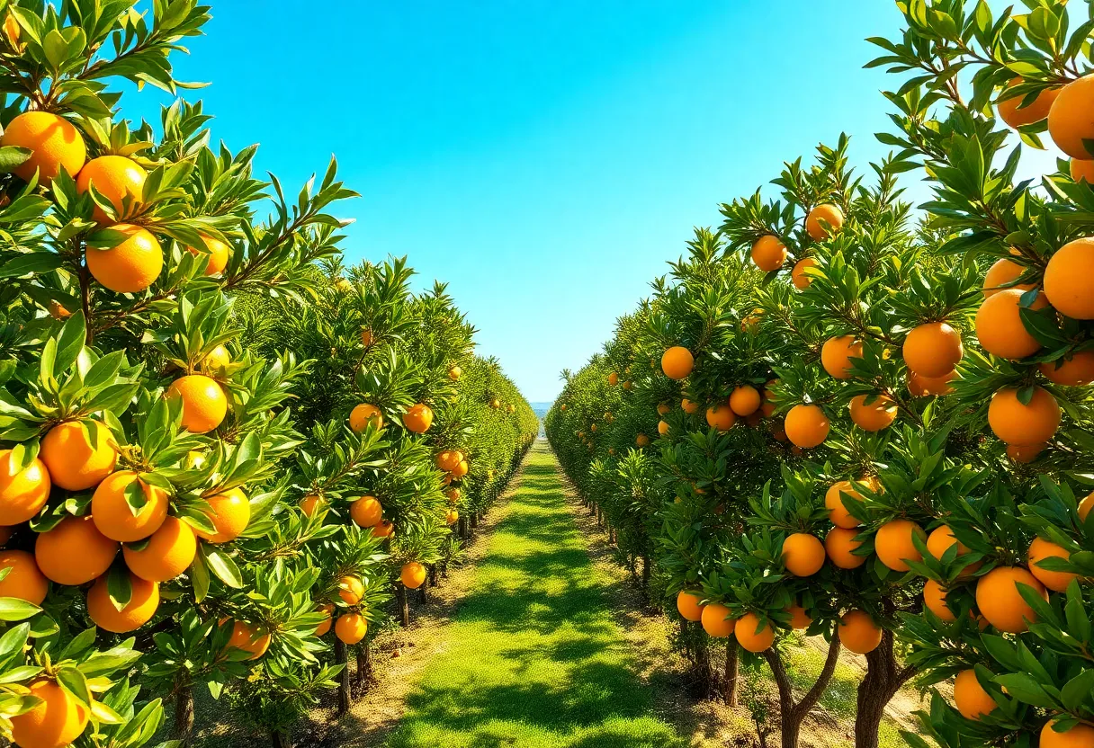 Citrus grove with healthy and diseased trees in California