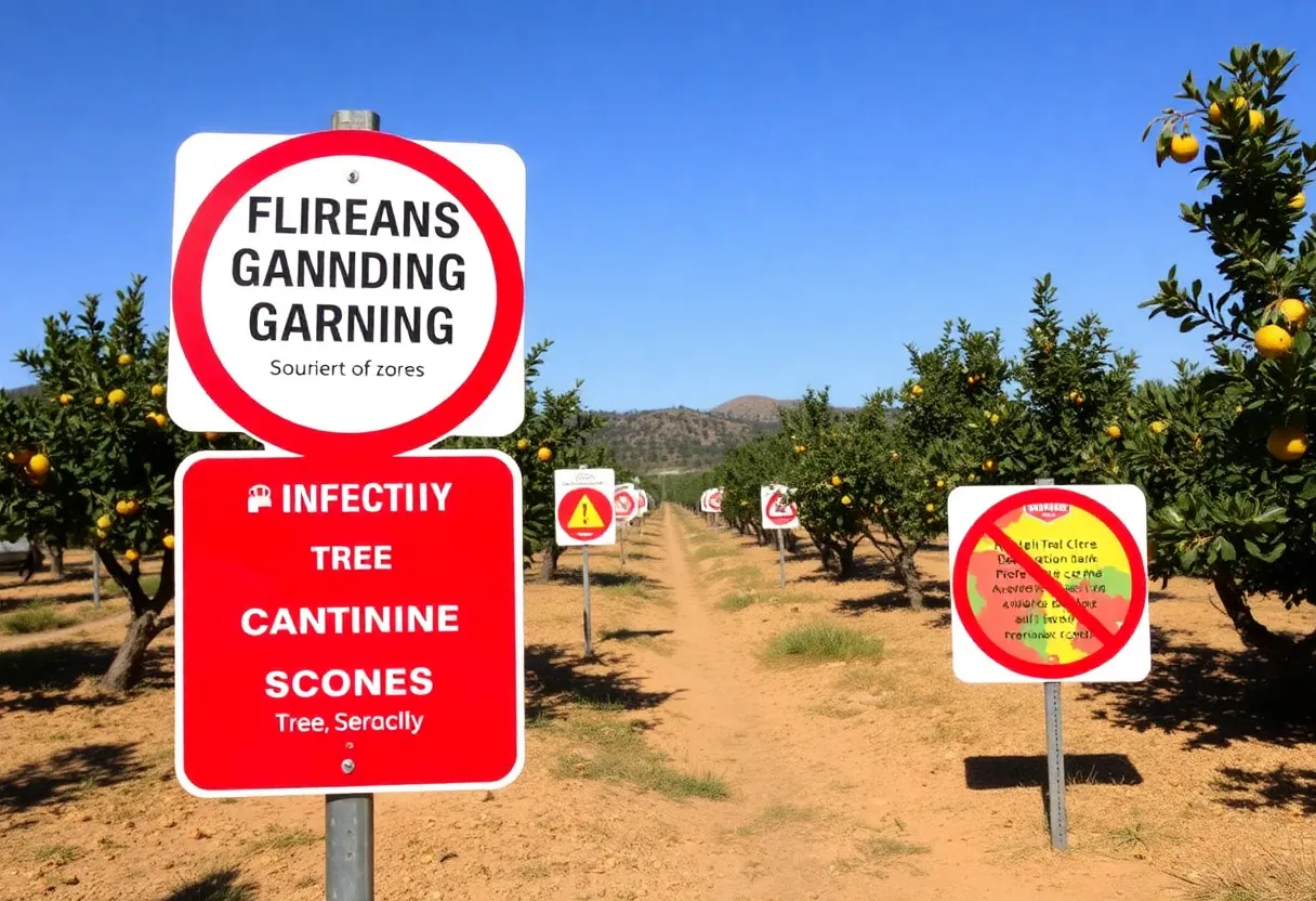 Citrus groves under quarantine for citrus greening disease in Southern California.