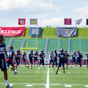 College athletes practicing on a football field