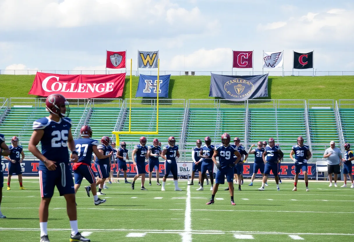 College athletes practicing on a football field