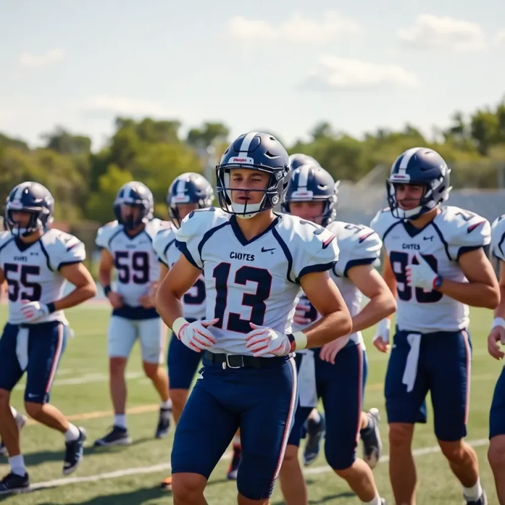 Group of football players practicing on the field