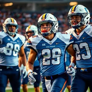 Dynamic scene of college football players showcasing recruitment