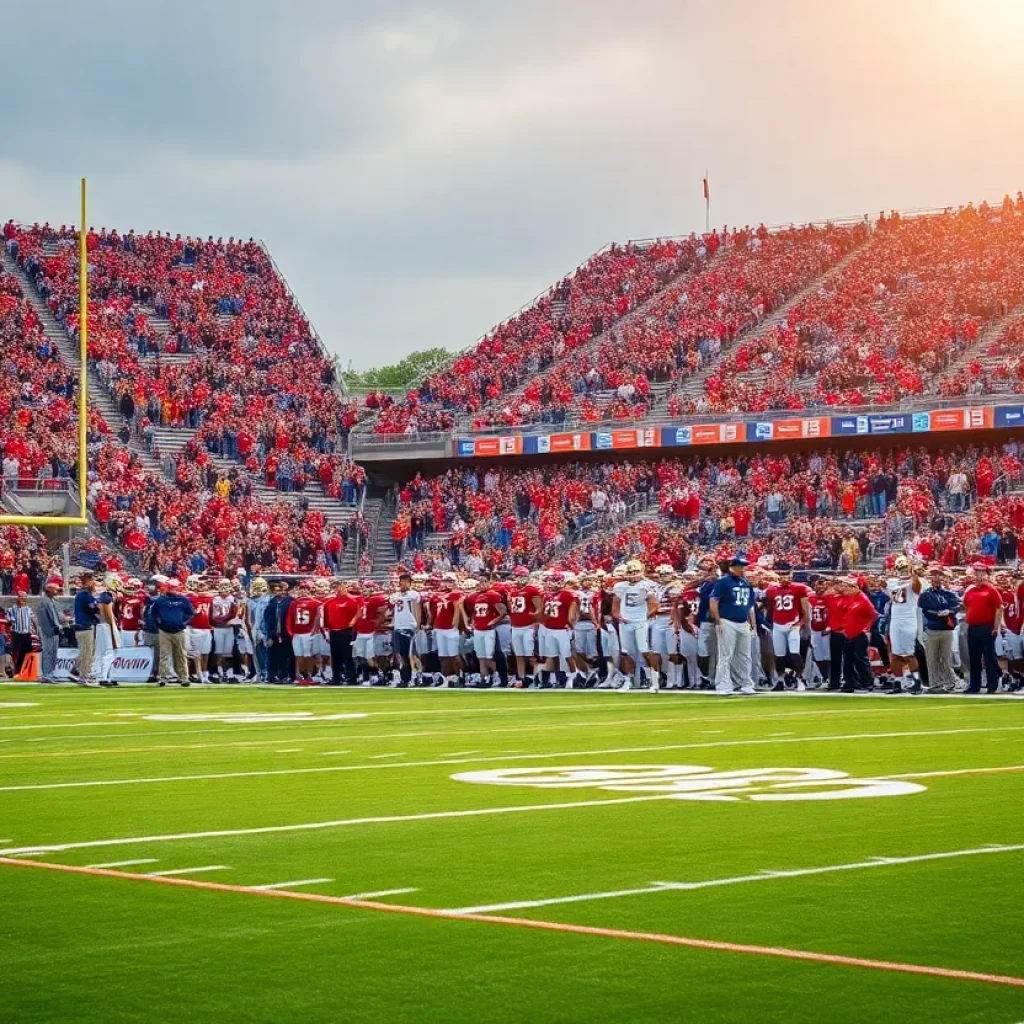 Crowd cheering at a college football game.