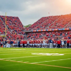 Crowd cheering at a college football game.