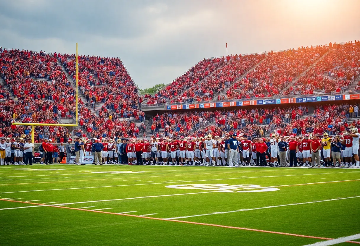 Crowd cheering at a college football game.