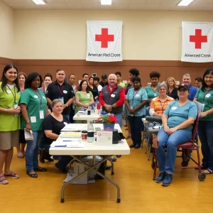 Dedicated volunteers assisting at a community blood drive