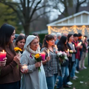 Community members honoring a beloved teacher with candles and flowers
