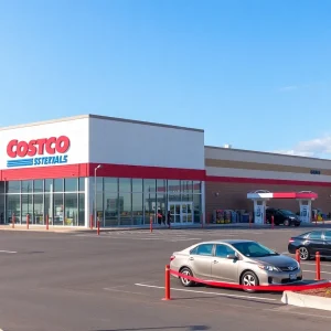 An illustration of a newly opened Costco store with shoppers outside and a gas station nearby.