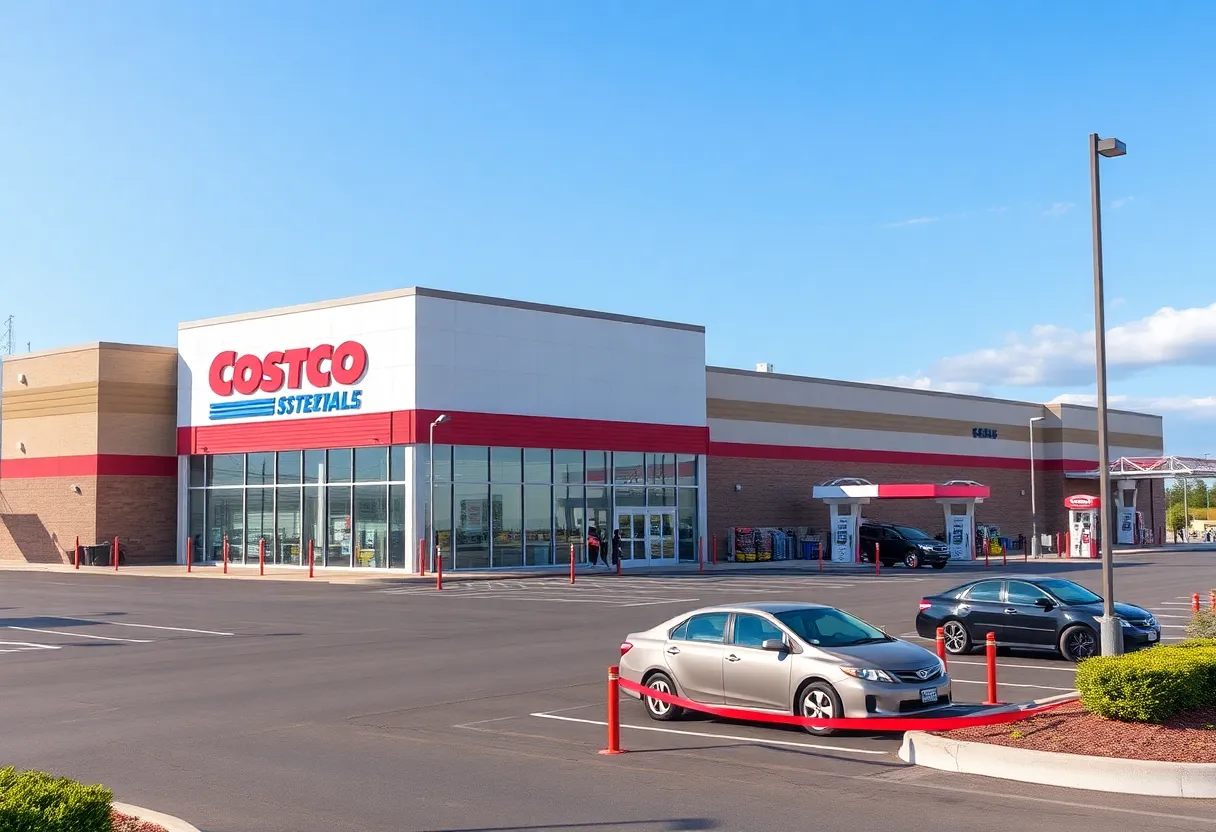 An illustration of a newly opened Costco store with shoppers outside and a gas station nearby.