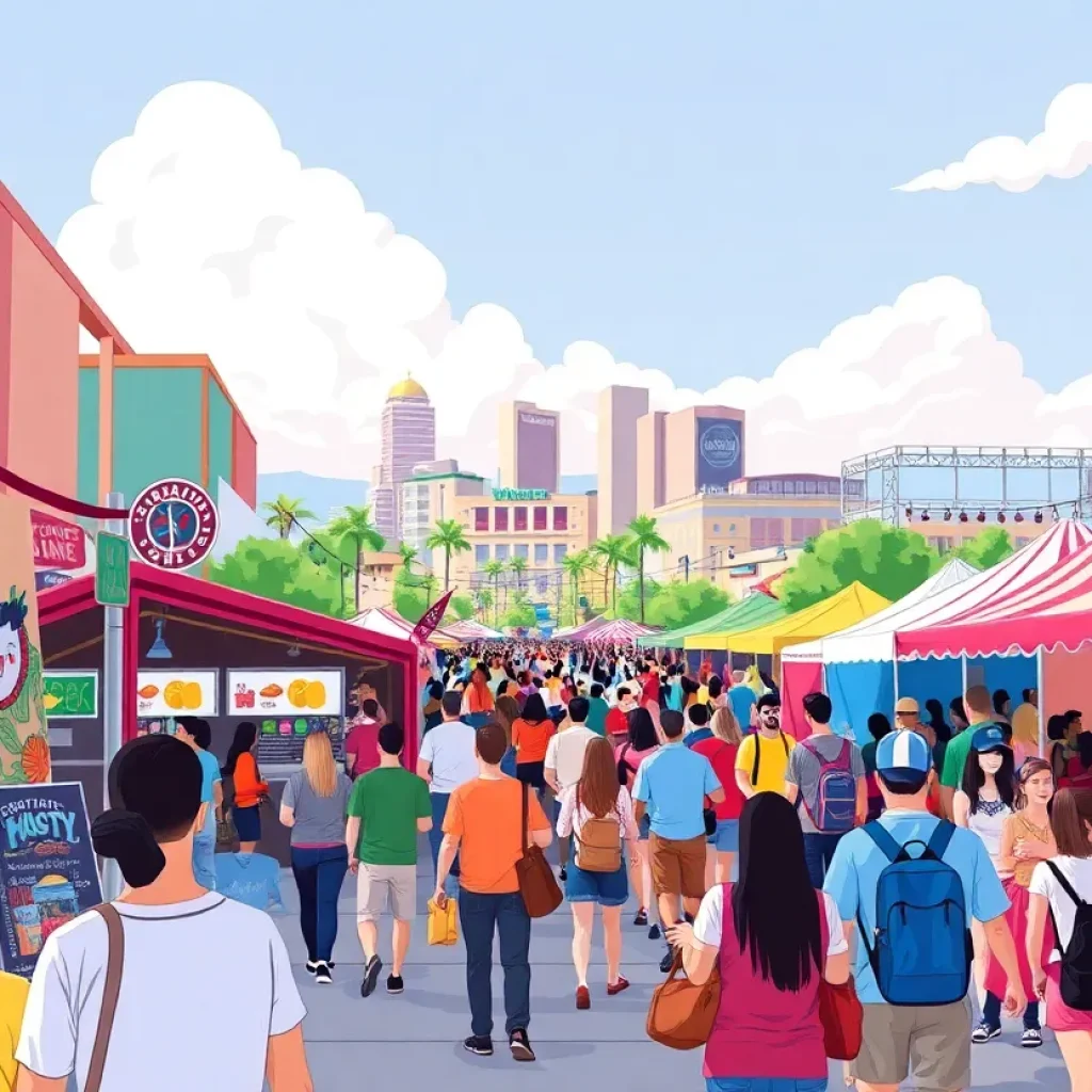 A vibrant festival scene in Denver with people enjoying art, food, and performances.