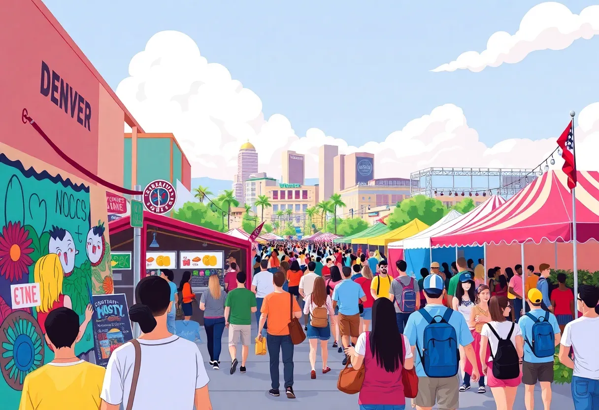 A vibrant festival scene in Denver with people enjoying art, food, and performances.