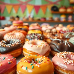 An enticing display of colorful assorted doughnuts in a bakery.