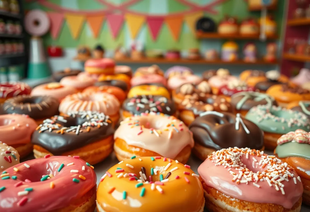 An enticing display of colorful assorted doughnuts in a bakery.