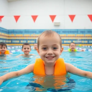 Children taking swimming lessons to improve water safety skills