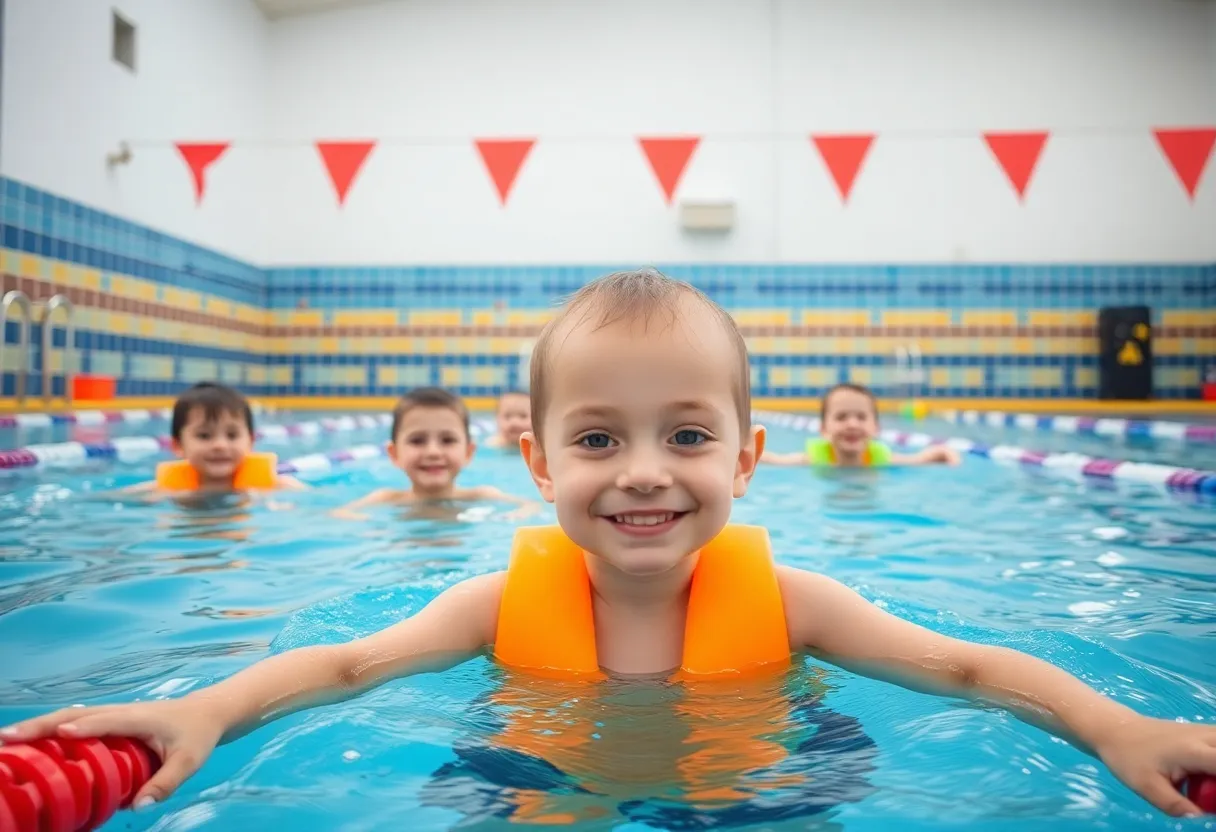 Children taking swimming lessons to improve water safety skills
