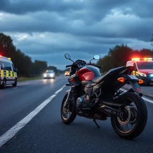 Scene of a motorcycle accident with emergency vehicles present.